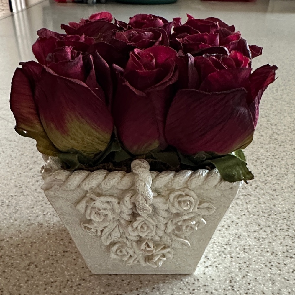 Decorative floral centerpiece Dark Red Artificial Roses in a White Ceramic Vase